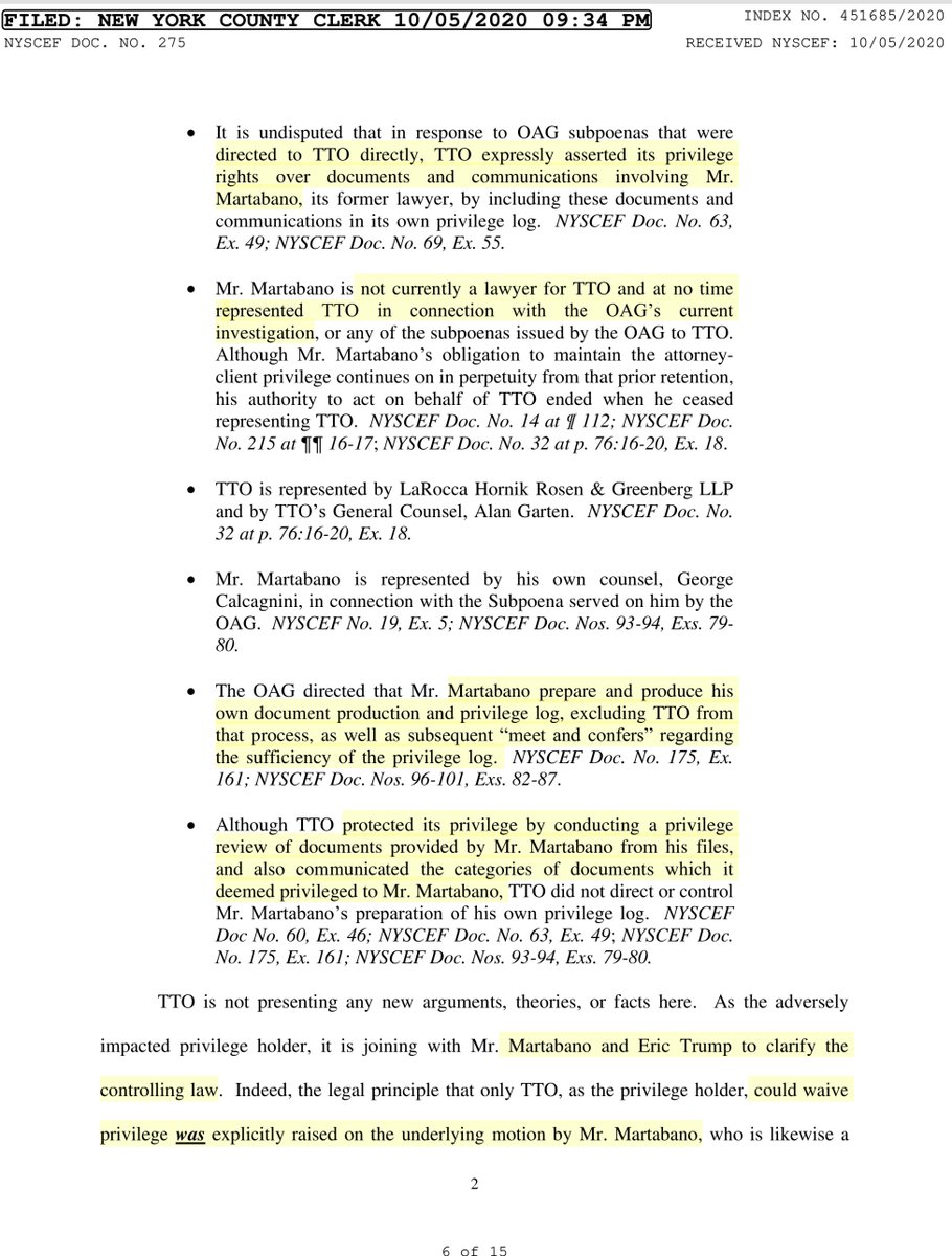 Speaking of which, earlier today this was filed by TTO, Eric Trump & Martabano, a former attorney of TTO, requesting a rehearingYES while live testimony is important but those of us know “it’s the papers” that are critical here. But meh whadda I know http://iapps.courts.state.ny.us/iscroll/SQLData.jsp