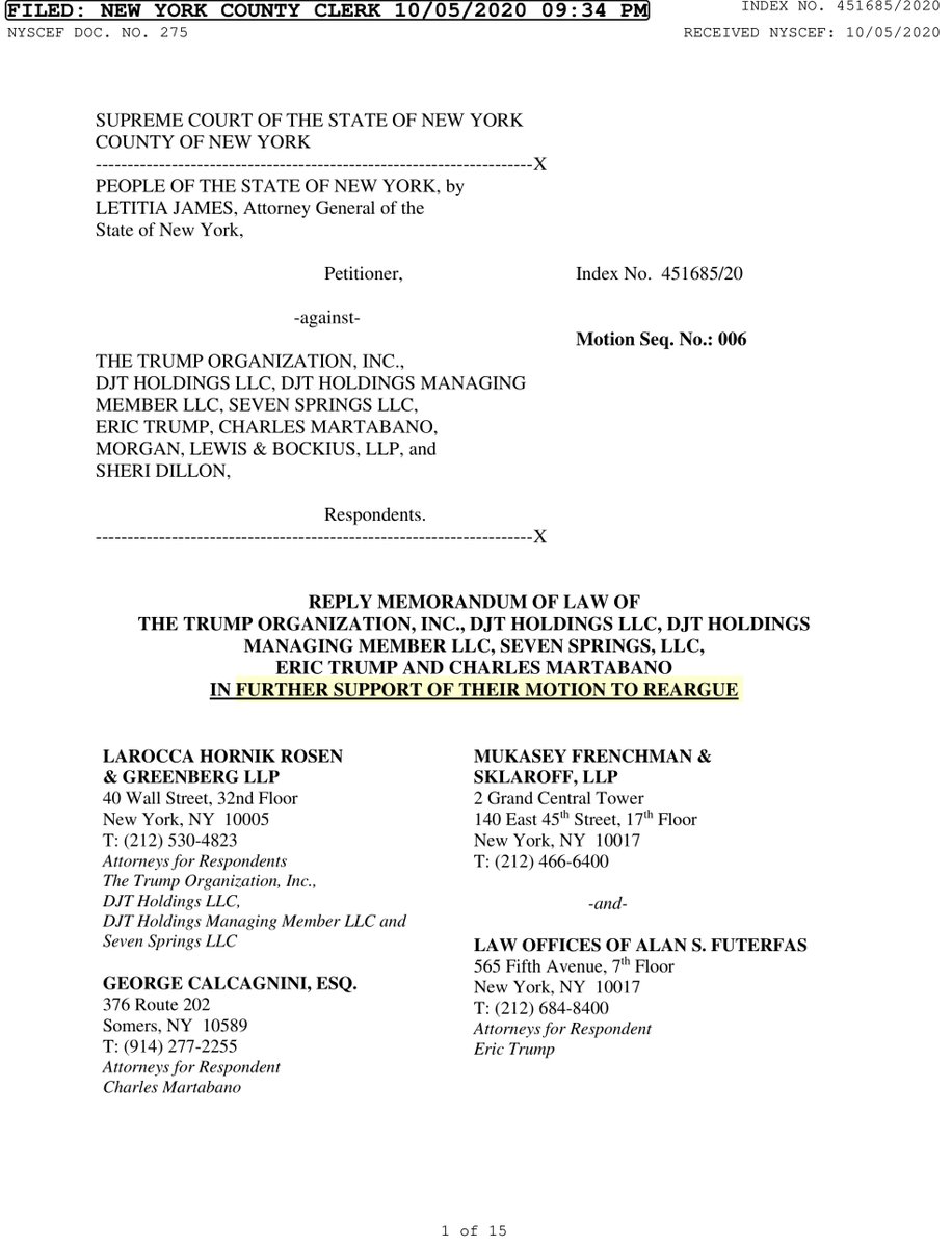 Speaking of which, earlier today this was filed by TTO, Eric Trump & Martabano, a former attorney of TTO, requesting a rehearingYES while live testimony is important but those of us know “it’s the papers” that are critical here. But meh whadda I know http://iapps.courts.state.ny.us/iscroll/SQLData.jsp