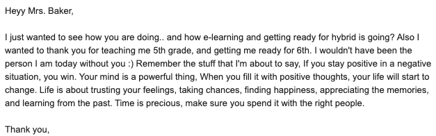 MsKirstenBaker's tweet photo. When previous students check in on ME and share incredible words of wisdom. WOW. 😭🤗💛

#BestEmail #IvyHillLeague https://t.co/KGDYF9tAO6