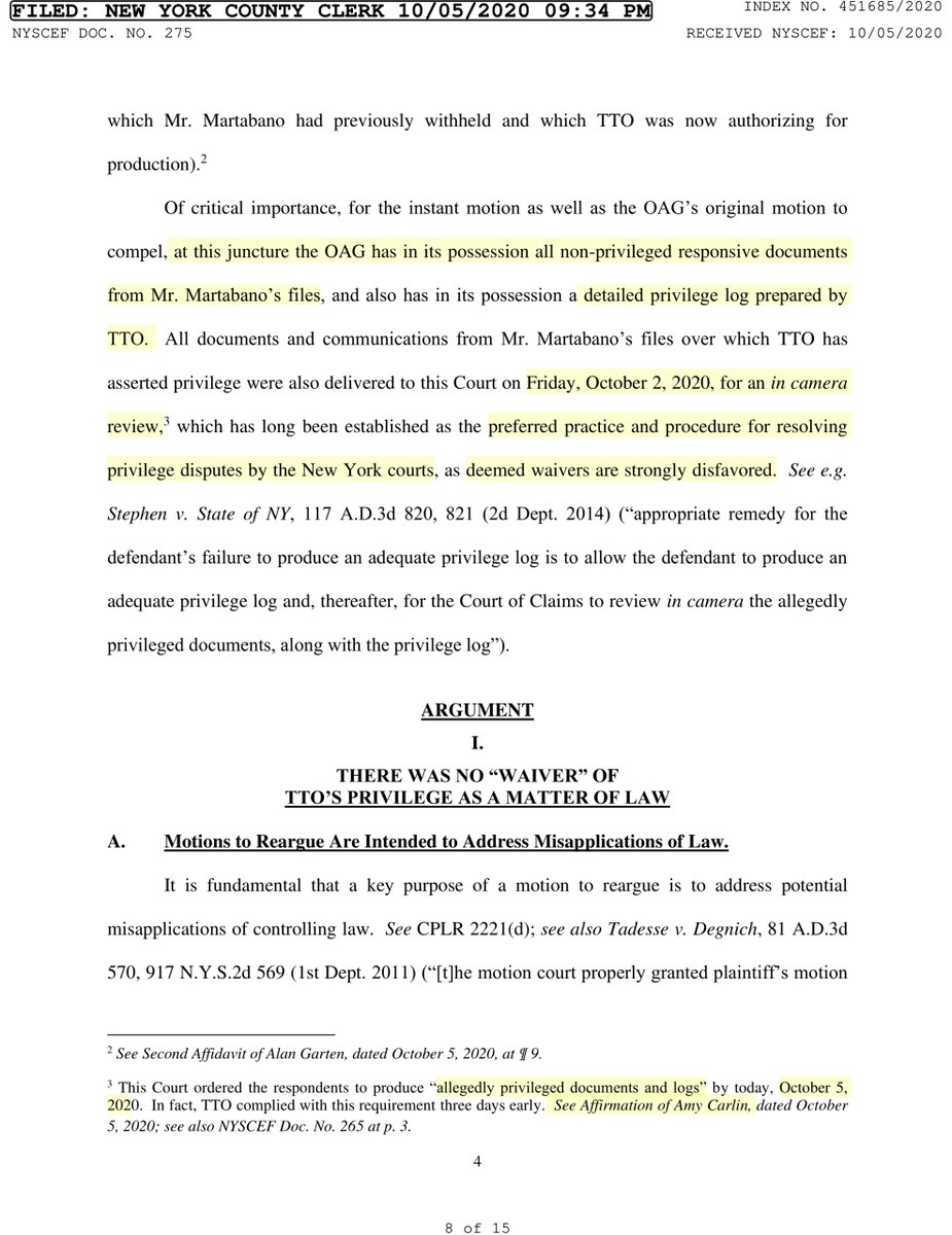 footnotes kids footnotes”This Court ordered the respondents to produce “allegedly privileged documents and logs” by today, October 5, 2020... TTO complied with this requirement three days early. See Affirmation of Amy Carlin, dated October 5, 2020...” http://iapps.courts.state.ny.us/iscroll/SQLData.jsp