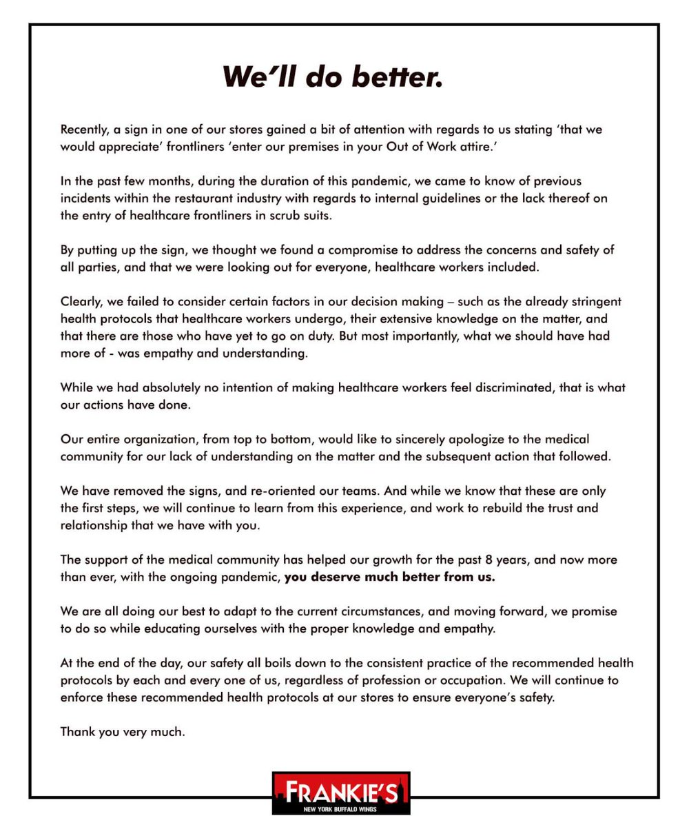 rapplerdotcom's tweet image. LOOK: Frankie’s New York Buffalo Wings apologizes to the medical community after one of its store signs requesting frontliners to enter in “out of work attire” drew flak online.
The restaurant removed the sign and promises their best “to adapt to the current circumstances.”