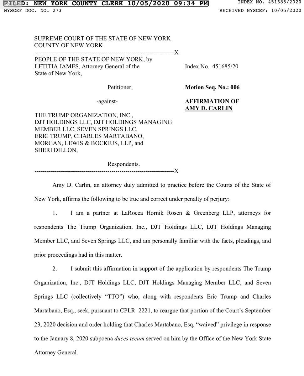 AFFIRMATION OF AMY D. CARLINaffirmation in support of the application by respondents  @Trump  @EricTrump & Charles Martabano, Esq.. pursuant to CPLR 2221, to reargue that portion of the Court’s September 23, 2020 decision and order holding that Charles Martabano, Esq. “waived”