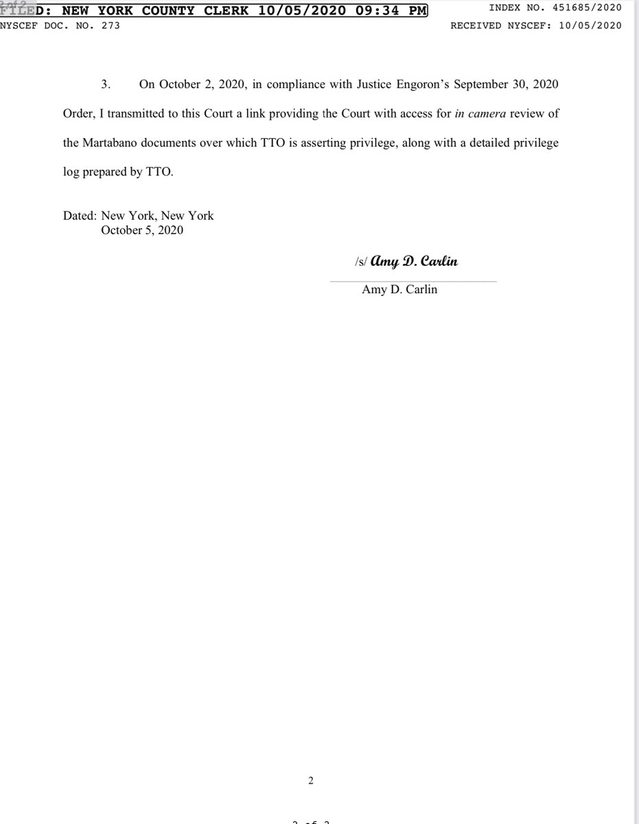 AFFIRMATION OF AMY D. CARLINaffirmation in support of the application by respondents  @Trump  @EricTrump & Charles Martabano, Esq.. pursuant to CPLR 2221, to reargue that portion of the Court’s September 23, 2020 decision and order holding that Charles Martabano, Esq. “waived”