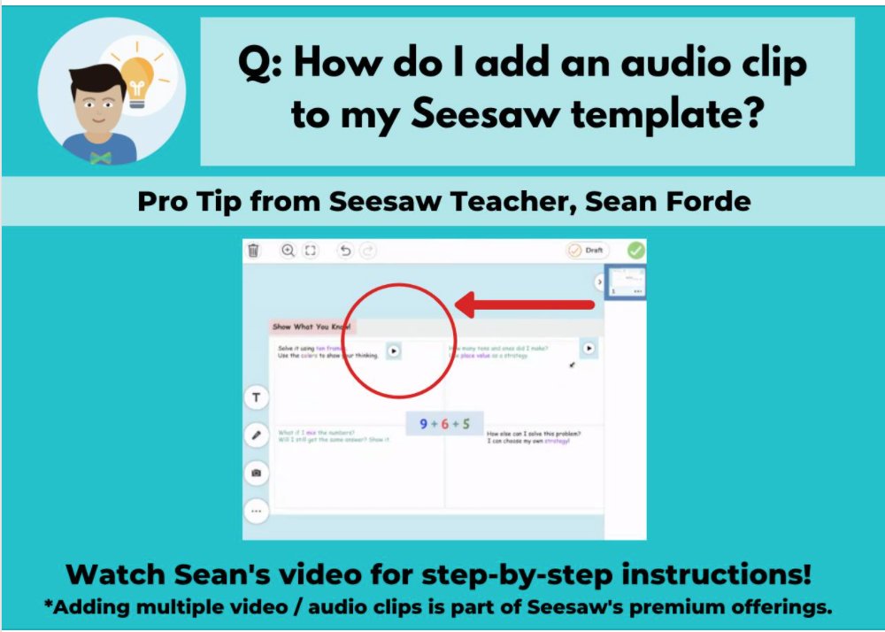 This PRO TIP from Seesaw Certified Educator Sean Forde is a game changer. 🤯 Watch his step-by-step video to see how to add audio clips/ audio instructions to your Seesaw templates: x.com/Sean4d/status/…        
All  the community pro tips are here: docs.google.com/.../1k1KVNXRWJ…...