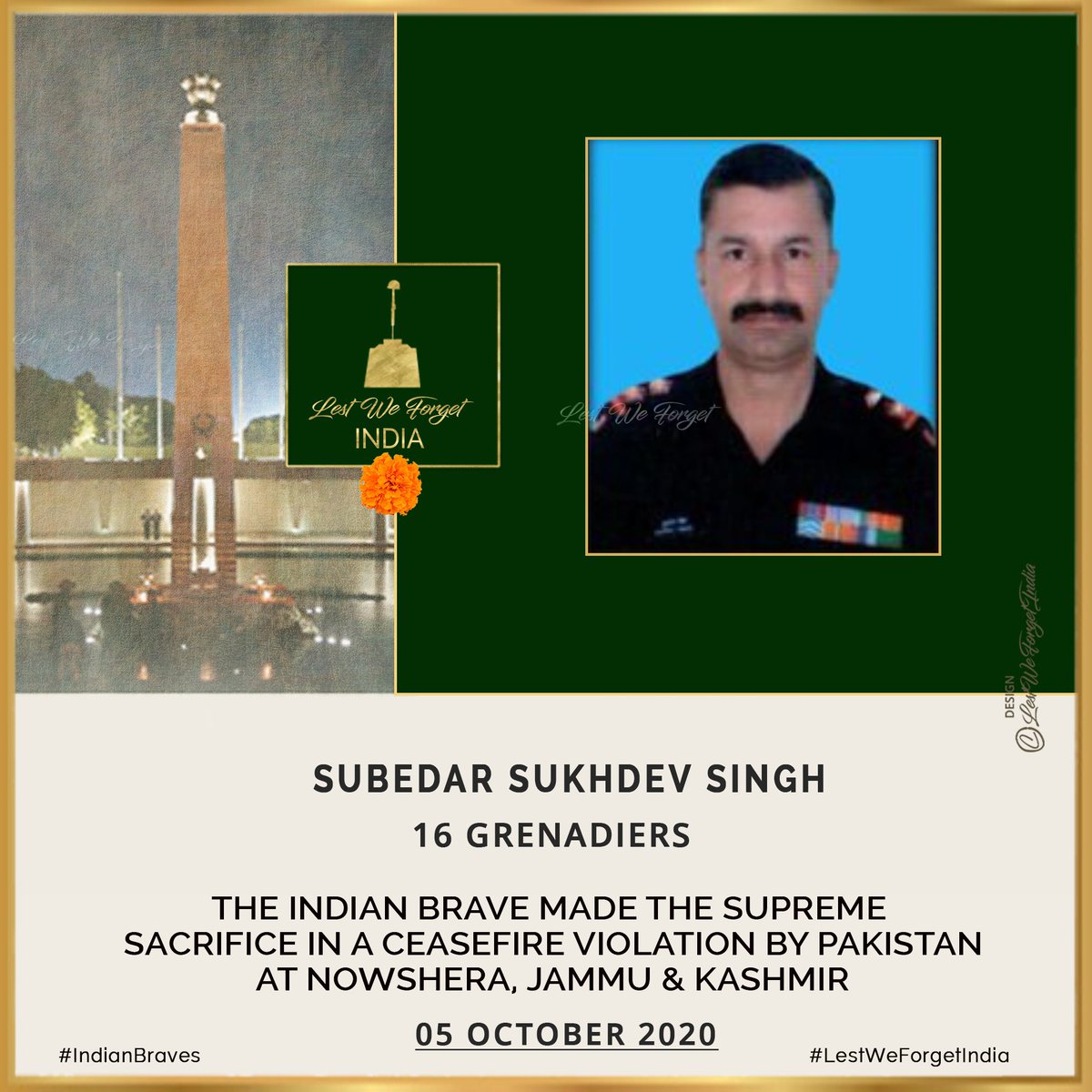 LestWeForgetIN's tweet photo. #LestWeForgetIndia🇮🇳 Subedar Sukhdev Singh, part of
@Whiteknight_IA laid down his life in a ceasefire violation by Pakistan along the LoC at Nowshera, J&amp;K, yesterday - 05 October 2020.
Remember the supreme sacrifice of the #IndianBrave in defence of the Nation https://t.co/po49co3t1o
