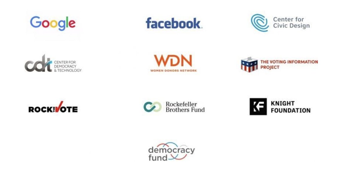 Other  @HelloCTCL corporate partners: Trump-hating, conservative-deplatforming Google-YouTube.Also:  @facebook,  @RockTheVote Knight Foundation Rockefeller Brothers Fund, ebay founder and Never Trumper Pierre Omidyar's Democracy Fund./8