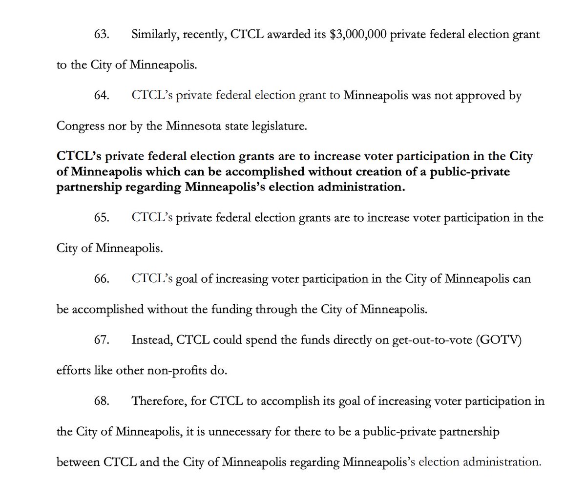 The Amistad Project at  @thomas_more_law has filed multiple suits challenging Facebook/Google/Obama hijacking of our electoral system in battleground states.Here's complaint filed in Minnesota, where  @HelloCTCL gave Minneapolis $3 million: https://mma.prnewswire.com/media/1281072/Amistad_Project___Complaint.pdf?p=pdf/11