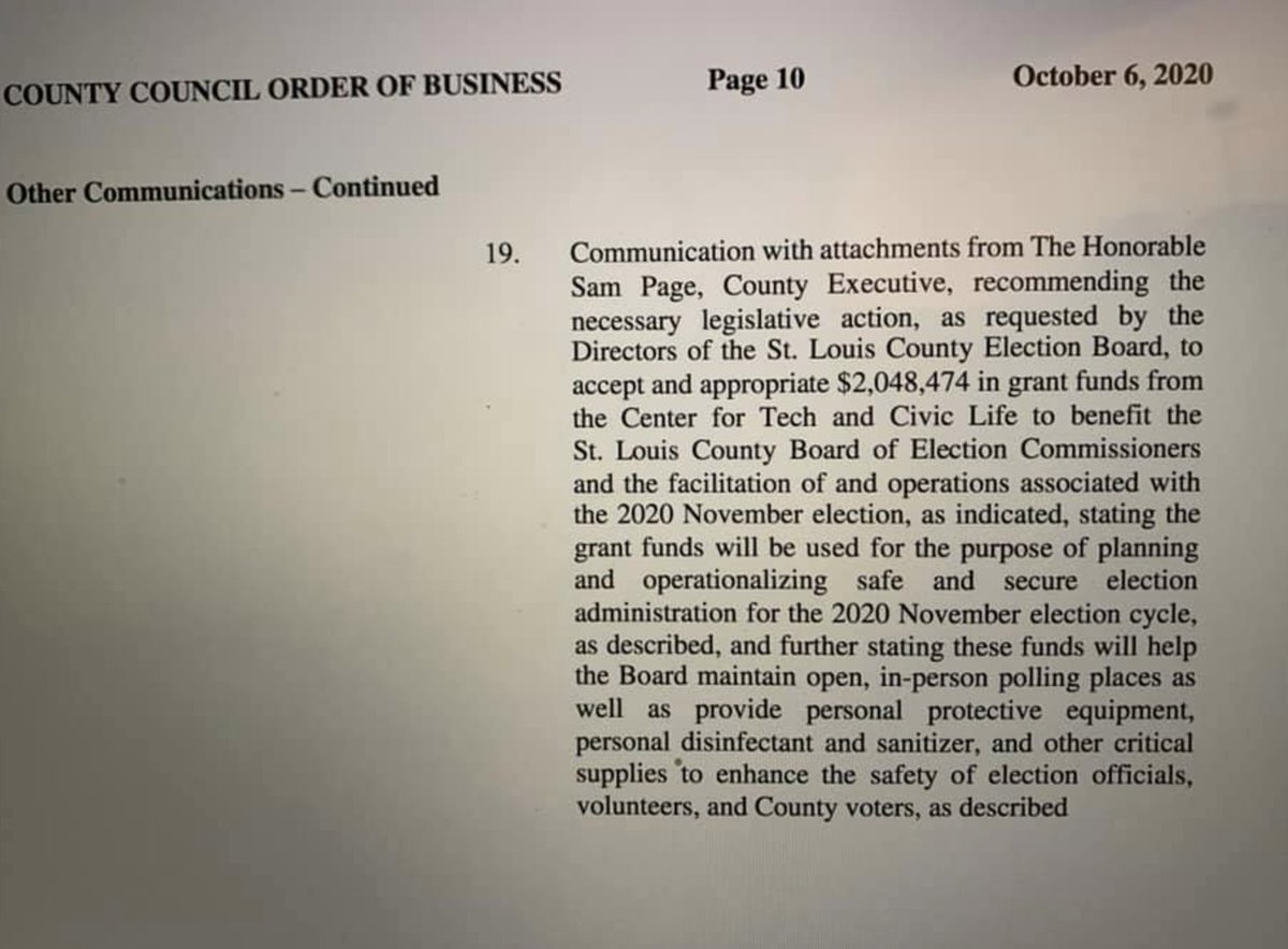 15/ Now add St. Louis to the  @helloctcl target list. $2 million about to be forked over, championed by county executive Sam Page "for the purpose of planning & operationalizing safe and secure election administration." Uh-huh. https://www.facebook.com/570111387/posts/10159206386146388/?extid=0&d=n