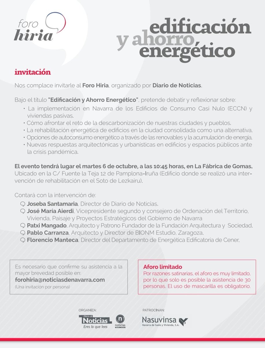 Hoy en Pamplona junto a Patxi Mangado y Florencio Manteca participo en el debate "Edificación y ahorro energético". Puedes verlo en streaming desde la web del organizador Diario de Noticias. Gracias por la invitación.
#passivhaus #sostenibilidad
<a href="/_BIONM/">BIONM. Sustainable & digital Buildings</a>
<a href="/PlataformaPEP/">Plataforma Passivhaus (PEP)</a>