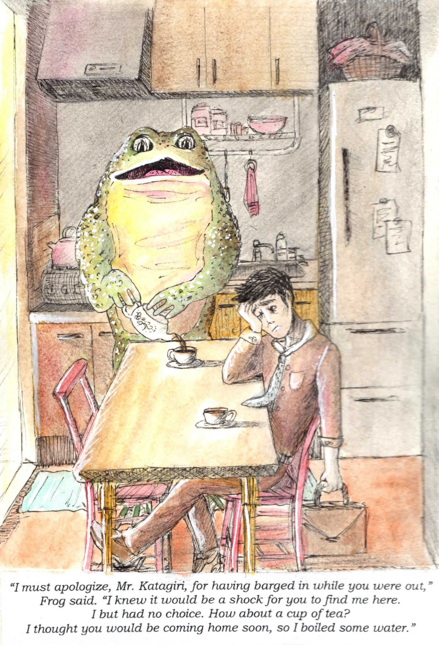 تويتر Very ナイス على تويتر 村上春樹によって書かれた かえるくん 東京を救う のイラスト インク ウォーターカラーで描いた My Illustration Of My Favorite Scene From Super Frog Saves Tokyo By Haruki Murakami Drawn W Ink Watercolor Inktober