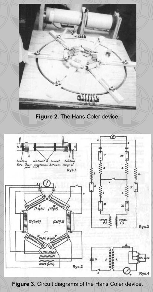 This device used Tesla’s Impulse Magnifying Transformers in a hexagonal lay out of magnets and pulsed Tesla coils to transduce power from seemingly nowhere