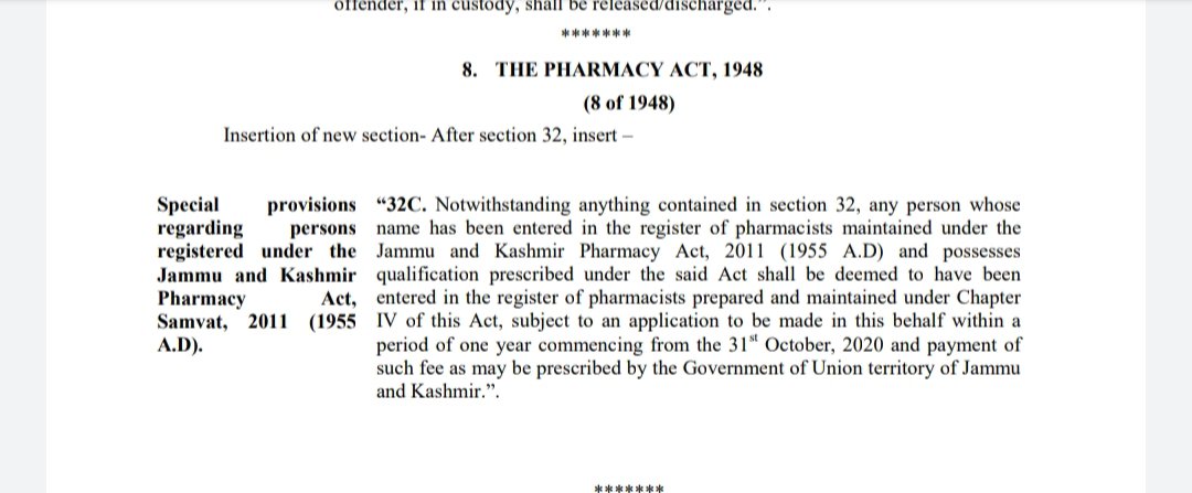 HealthMedicalE1's tweet photo. #Pharmacy Act amended for J&K by GoI, insertion of special provision for including person registered under the Jammu and Kashmir pharmacy act samvat 2011 ( 1955 AD) #pharmacyact @diprjk @MoHFW_INDIA @manojsinha_ @DrJitendraSingh @NHMJK5 @DDJammuTV @ddnewsSrinagar https://t.co/v1wxbdYrUO