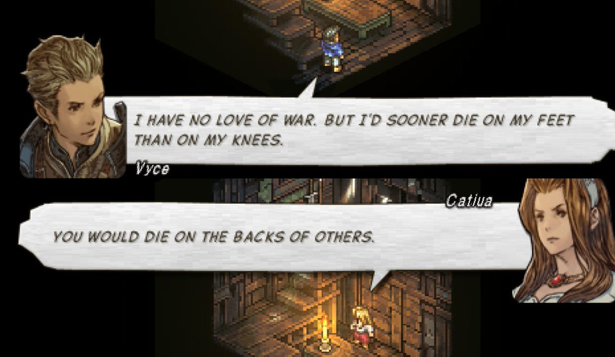 Just look at these examples of Tactics Ogre's writing in display! Absurdly strong dialogue coming from characters from all walks of life; those who has been crushed by their guilt, those willing to bear an even bigger weight, and those who do not even know what awaits them.