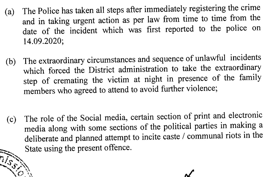  #Hathras UP Govt further states :*Police took all necessary steps as per law.*Extraordinary circumstances forced the extraordinary step of cremating the victim at night.*Certain section of media and political parties attempting to incite caste/communal riots.