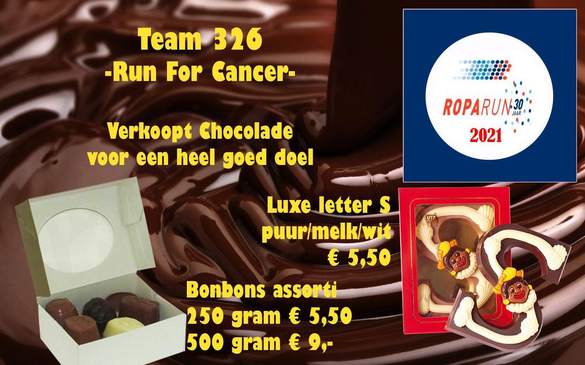 RunForCancer's tweet image. Roparunteam 326 verkoopacties gaan weer van start. Gemaakt van eerlijke ambachtelijke chocolade.
Hier te bestellen.