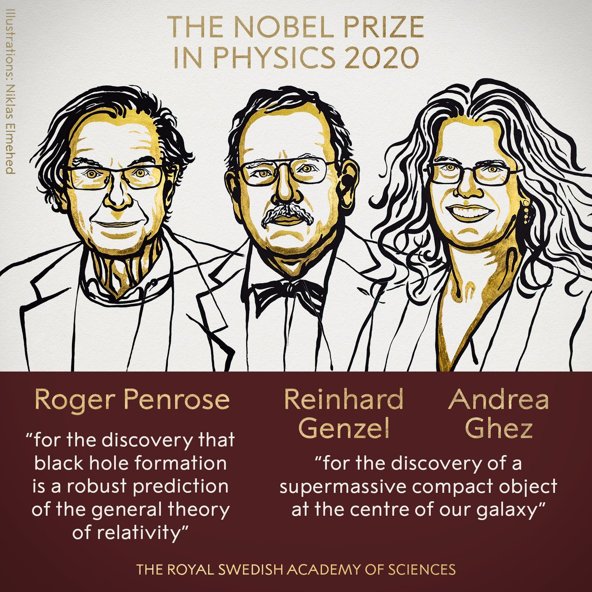 BREAKING: The Nobel Prize in phyiscs has been awarded: one half  to Roger Penrose and the other half to Reinhard Genzel and Andrea Ghez.