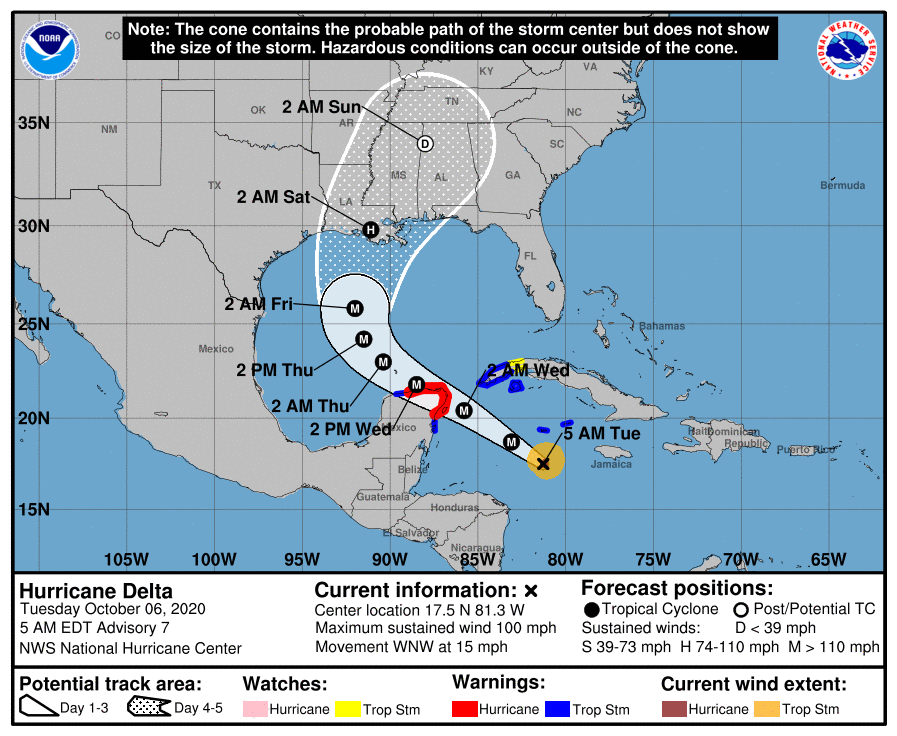 NWSRaleigh's tweet photo. Hurricane #Delta has strengthened to a Category 2 storm, and it is forecast to strengthen further before making landfall on the central Gulf Coast late Fri/early Sat. Delta's remnants are likely to bring rain to central #NCwx this weekend, but exact amounts are still uncertain. https://t.co/vaVHc7BQmI