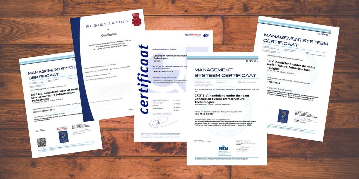 Hercertificering van #ISO20000-1:2011, #ISO27001-1:2013 en #NEN7510-1:2017 succesvol behaald! Ook zijn we in het bezit van een #ISO9001:2015 certificaat én een #ISAE3402 type 2 verklaring. We kunnen met trots zeggen dat we ‘in control’ zijn!👉 bit.ly/2Gu6jv1