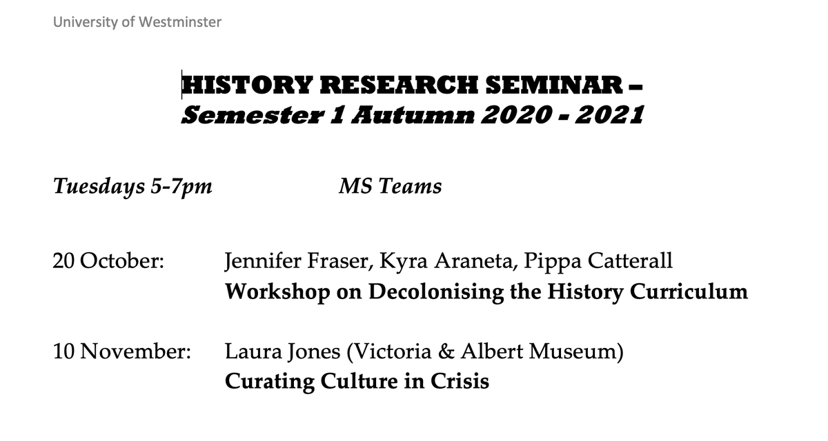 wminhumanities's tweet photo. Here's some tasty #history #researchseminars from @HistoryAtUoW! 

Looking forward to hearing from Jennifer Fraser, Kyra Araneta, @catterall_pp &amp; @itsLauraJones this semester!

All welcome, but external guests should RVSP @catterall_pp 🙏😃

#WestminsterHumanities https://t.co/qm7MivWaJ6