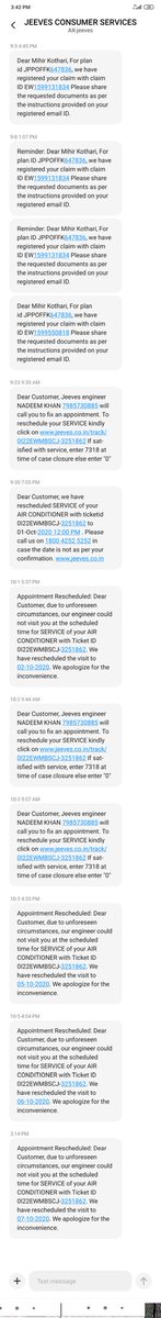 parv_kothari's tweet photo. Contacted jeeves and flipkart for AC problem, as we had warranty against it.
We were put through varied levels of customer support lines and were last assured that our problem will be resolved. 
Attached is the support we received. No wonder we are drifting away from
@Flipkart https://t.co/cGB8B96rAU