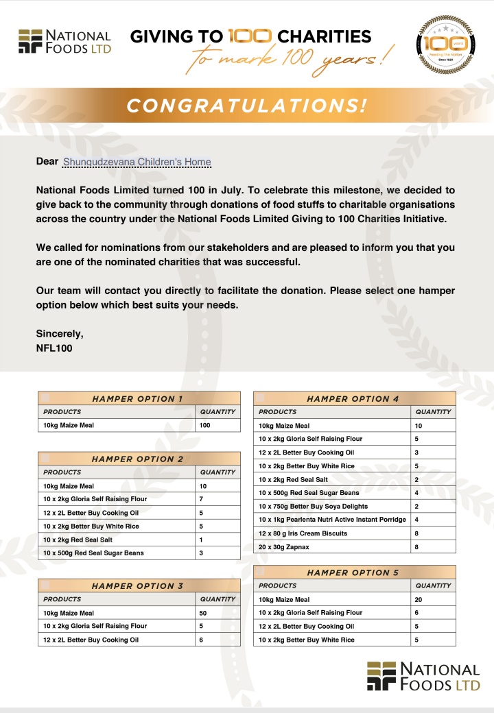 make_campaign's tweet image. We have been selcted for the National Foods "Giving To 100 Charities". All the donations will go Shungu Home Thank you very much @nationalfoods1 for this generous gift, yes there are companies in Zimbabwe still doing CSR👏🏾👏🏾👏🏾
@awholelottery01 @ZembeBrent @TAKUPECH @EAIHubZim
