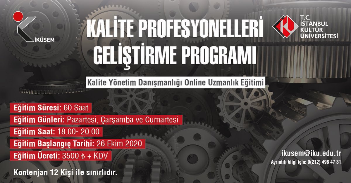 Kalite Profesyonelleri Geliştirme Programı Online Eğitimi için detaylı bilgi;
Öğr.Gör.Zafer Erkoç-z.erkoc@iku.edu.tr,
ikusem@iku.edu.tr

#kalite #onlineeğitim #eğitim