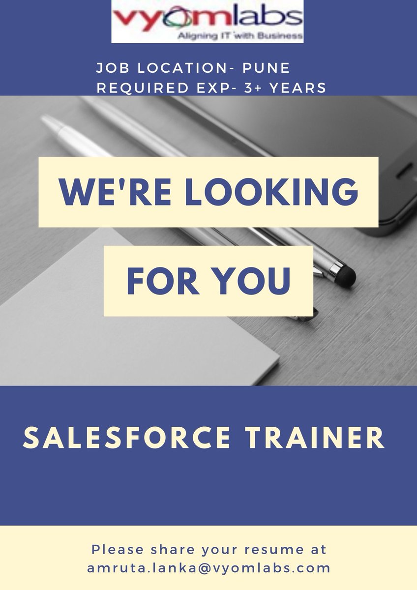 vyomlabs's tweet image. #JobAlerts
We are hiring Salesforce Trainer at #VyomLabs
Location: Pune 
Skills: #SFDCTraining #ExcellentCommunicationSkills #presentationskills 
Exp: 3 to 9 yrs
Apply Now: vyomlabs.com/careers/salesf…
#Vyomjobs #ITJobs #Career #JobOpenings #SalesforceTrainer