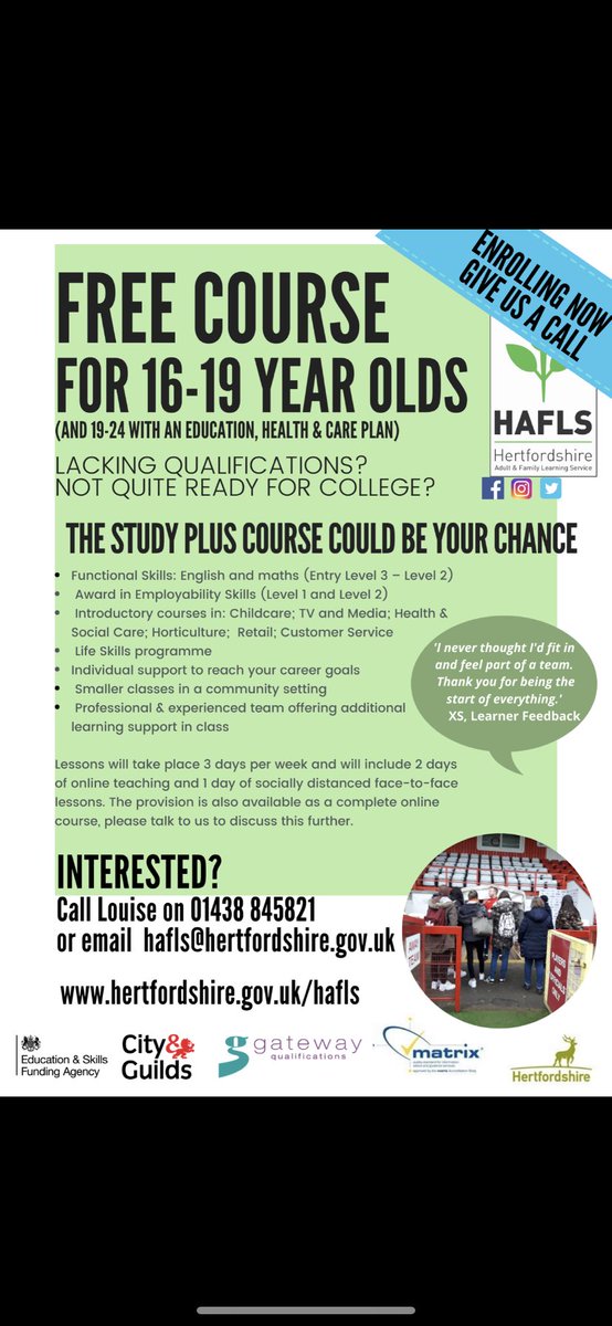 BroxbourneUtd's tweet photo. FREE courses available for 16-19 year olds 🎉 get involved now or pass on the message to those who may benefit ! #FREECOURSE https://t.co/c3xpFhmDH8