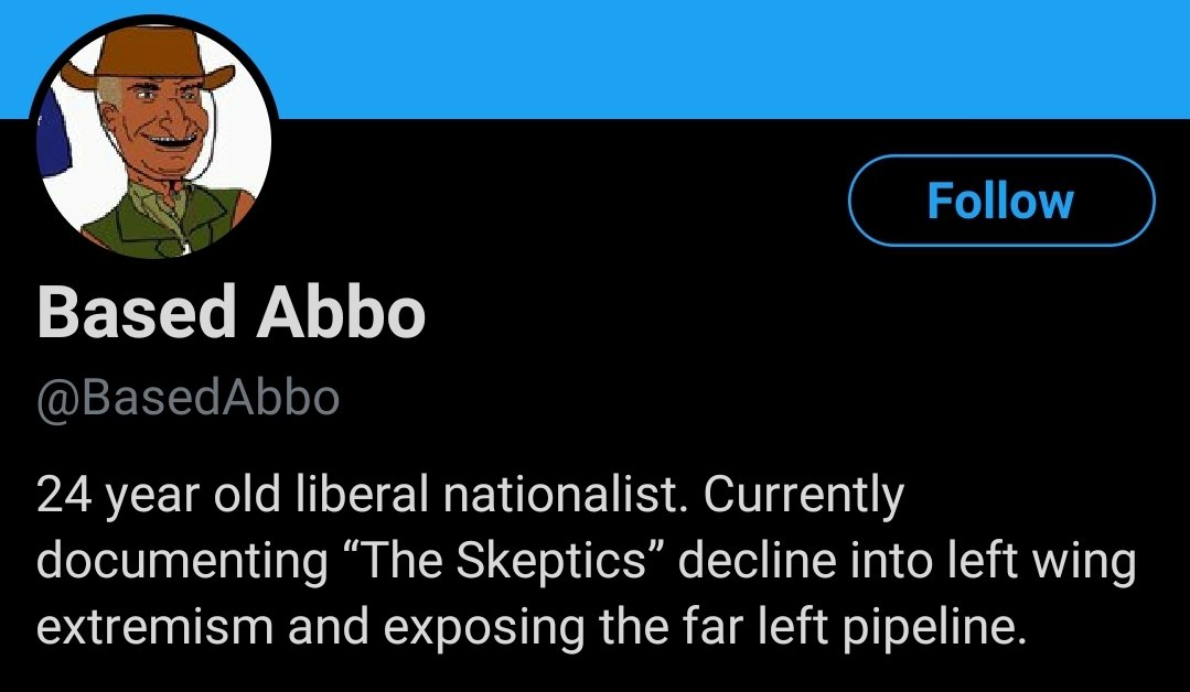 Wait WTF is this profile description? What is a liberal nationalist? Also "exposing the far left pipeline". The left is getting better at bringing people over to the left and it's making the right nervous. 