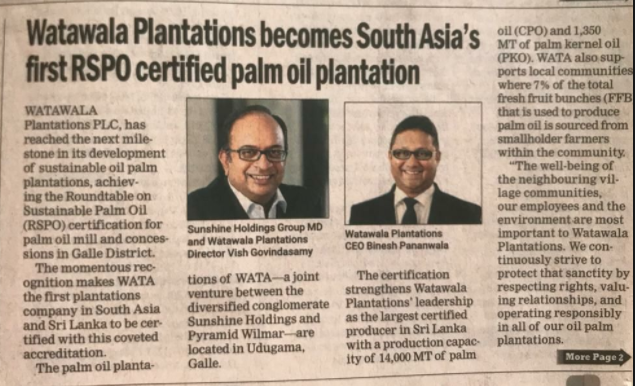PlcSunshine's tweet photo. Watawala Plantations becomes South Asia's first RSPO certified palm oil plantation
#Plantation #PalmOil #lka #Srilanka https://t.co/hCahdGoHPW