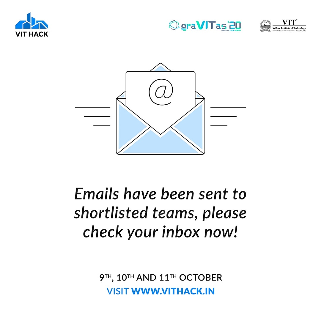 VITHack2020's tweet photo. The selection results to the much awaited, VIThack 2020 are finally here! Don't forget to checkout your inbox for the shortlisting mails sent by our team to find out whether you have made it through!
#vithack2020 #CodeNewbie #GetReady
#100DaysOfCode #hackathon #stayhome https://t.co/JP3jx4vjnI