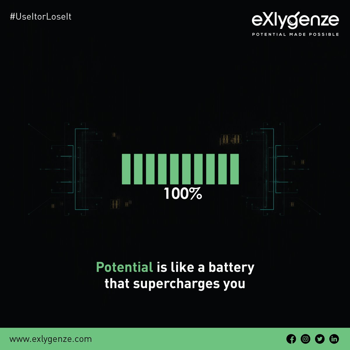 Power up your capabilities, skills & talents by connecting with your innate #potential. The choice is yours to get a boost using it or stay behind keeping these super batteries unused.
#UseItLoseIt #Skills #Talent #Upskilling 
#eXlygenze #PotentialMadePossible #Leadership #Growth