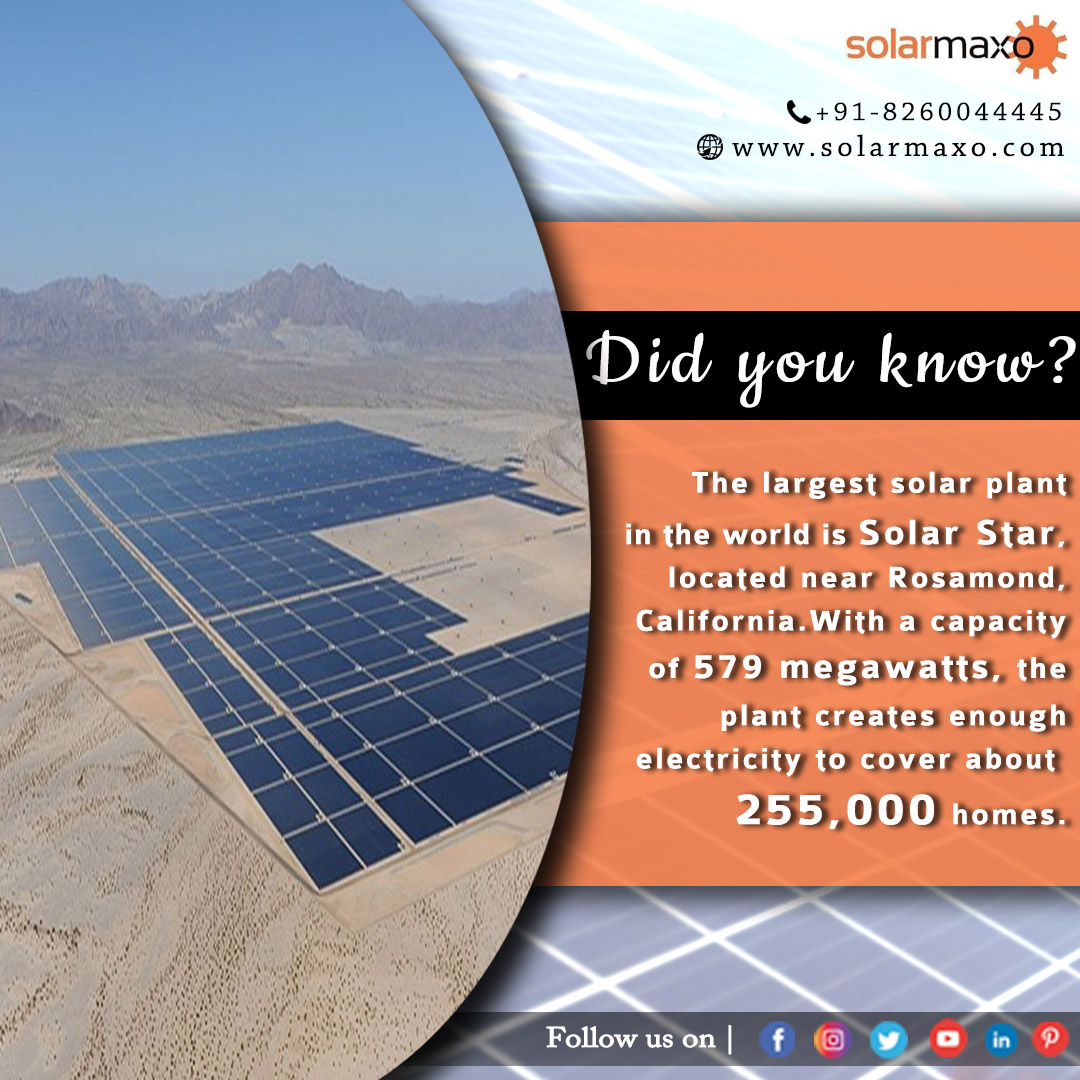 solarmaxo's tweet photo. Did you knowโ
The largest #solarplant in the world is Solar Star๐ , located near Rosamond, California. With a capacity of 579 megawatts, the plant creates enough electricity to cover about 255,000 homes.๐
#solarmaxo #getsolarized #solarpower #solarenergy #bhubaneswar #gogreen https://t.co/LspIXJWVz2