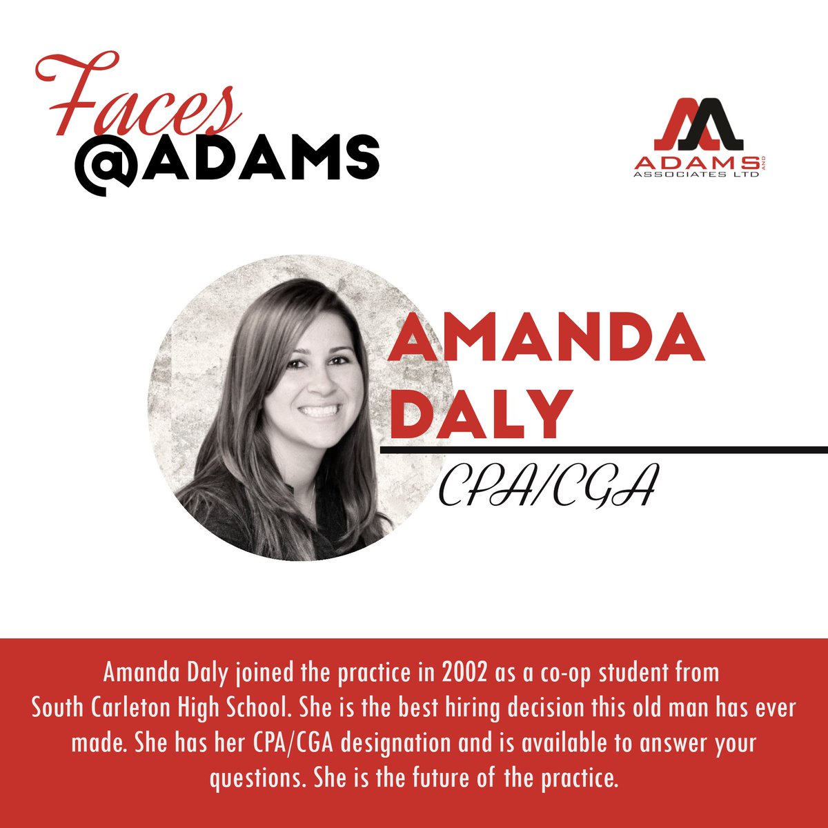 ADAMSandASSOC's tweet image. See the faces of our team. Seeing them helps us get over the #MondayBlues. This week, meet Amanda.
— in Ottawa, Ontario.
#accounting #bookkeeping #corporatetax #payroll