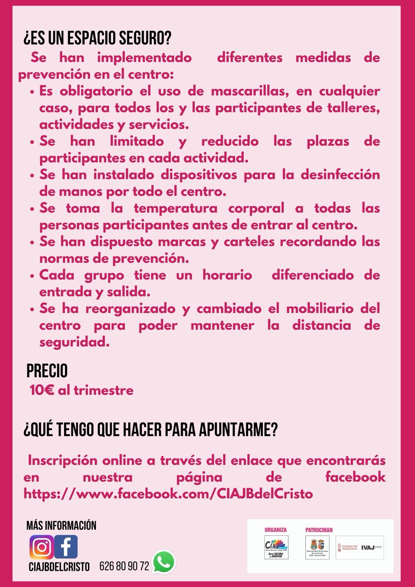 ¿Tienes entre 12-17 años y no sabes que hacer? ¿te gustaría conocer gente y aprender cosas nuevas? ¡Ven y descubre el Aula Joven del Ciaj Barrio del Cristo!
Para apuntarte en el siguiente enlace: forms.gle/w9qjmHQiLpaVKL…