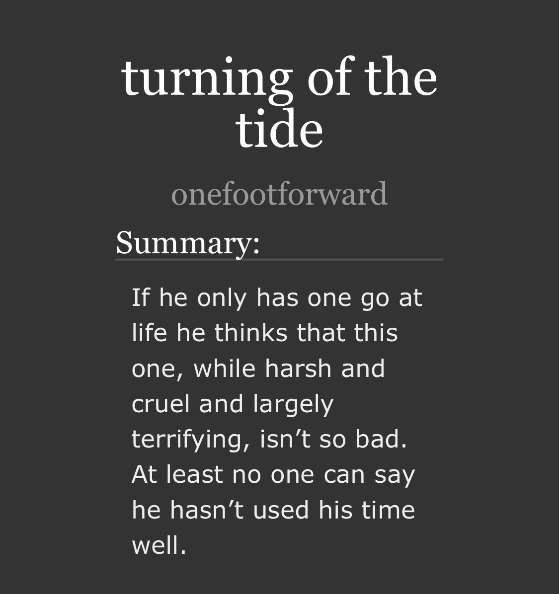 ZouReads's tweet photo. 📍turning of the tide
onefootforward📍
✍️ 5014 words 
✅ Complete 
📩 2014-08-05
🙊 It was: beautifully devastating 
🤓 Read it here: https://t.co/9sfxwMxzLa
🙏 thanks @taunadora for the rec 

#BLcanonverse #BLmcd https://t.co/jUbeFaip8U