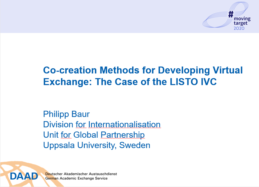 PhBaur's tweet photo. I'm participating in the #DAAD conference "Moving target digitalisation: re-thinking global exchange in higher education", presenting the #listoproject IVC as an example for #virtualexchange. Watch the short #PechaKucha video here: https://t.co/4NzJ1amFl7 #movingtarget2020 (1/3) https://t.co/STbLXV89gg