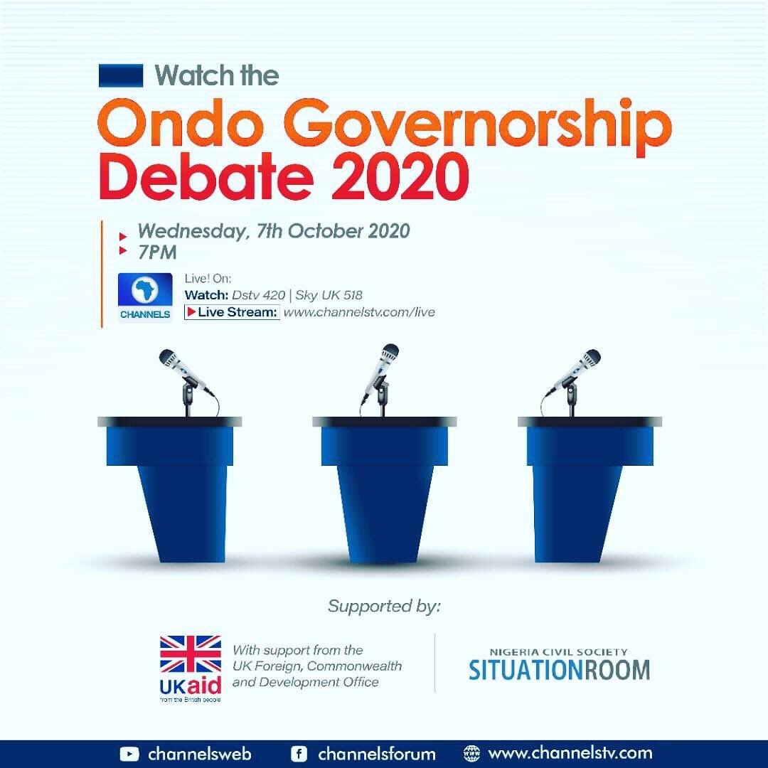 Opetuyii's tweet photo. Ondo Governorship Debate 2020
Live on @channelstv
#OndoDebate
#OndoDecides2020
@RotimiAkeredolu
@DFID_UK https://t.co/Fm6l7ygJzK