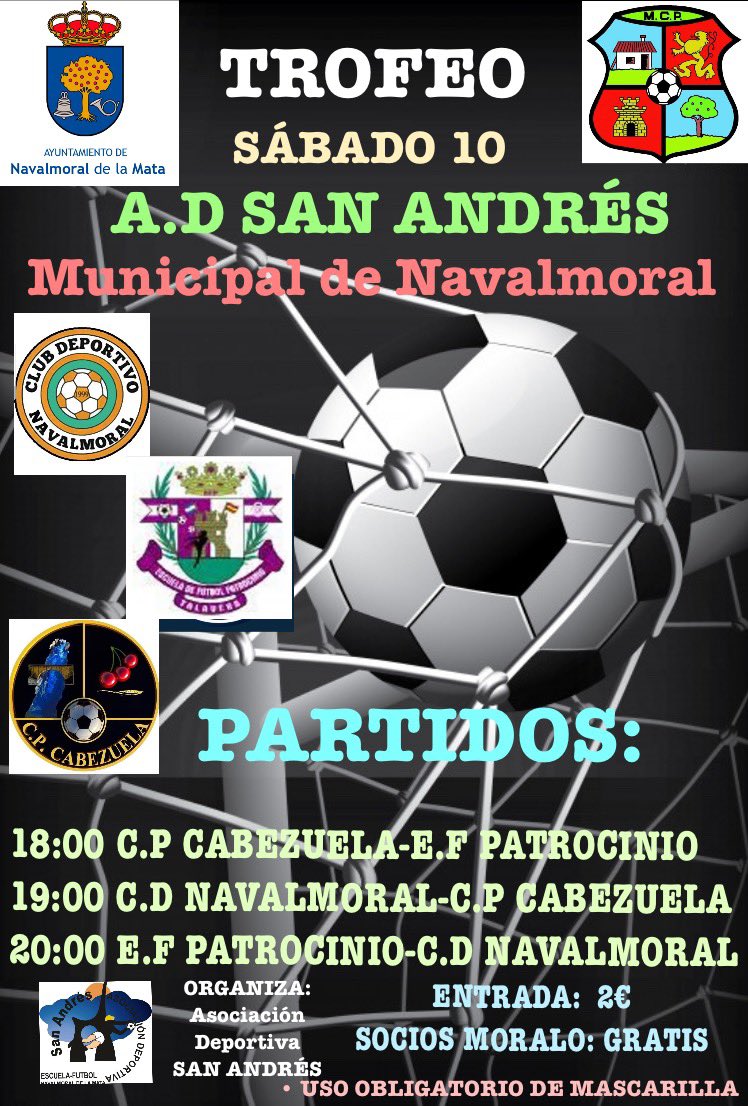 Buenos días, hoy vuelve el equipo a los entrenamientos y ya prepara el Trofeo SAN Andrés que se disputará este Sábado en el Municipal. Triangular que nos enfrentará al <a href="/CabezuelaCP/">C.P.Cabezuela</a> y a la <a href="/EDFPATROCINIO08/">E.D.F.PATROCINIO</a>.
Os esperamos en el Municipal con todas las normas y protocolo de seguridad