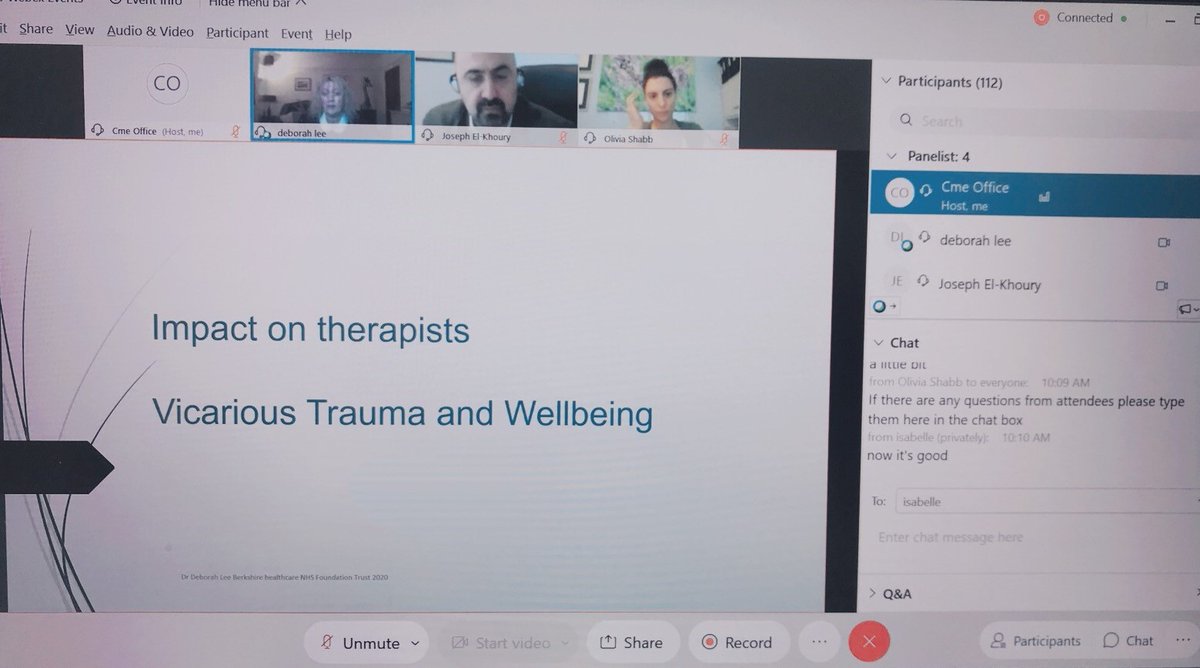 HPDC_AUB's tweet photo. Happening now! #Trauma webinar in support of #mentalhealth capacity building in Lebanon @CompassionateM @JEK_Psych @AubmcPsychiatry 
#mentalhealth  #traumatreatment #medicaleducation #healthcare #AUBMC #cmeoffice https://t.co/Wx9a8h10Dy