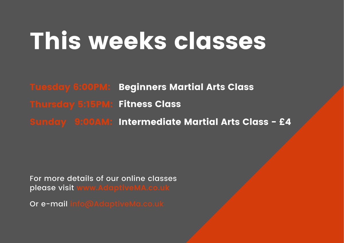 We are looking forward to another busy week of classes. 

Tuesday 6pm - Beginners Martial Arts Class
Thursday 5:15pm - Fitness Class
Sunday 9:00am - Intermediate Martial Arts class (£4)

We also are available if you would like a 121 to work on fitness or martial arts