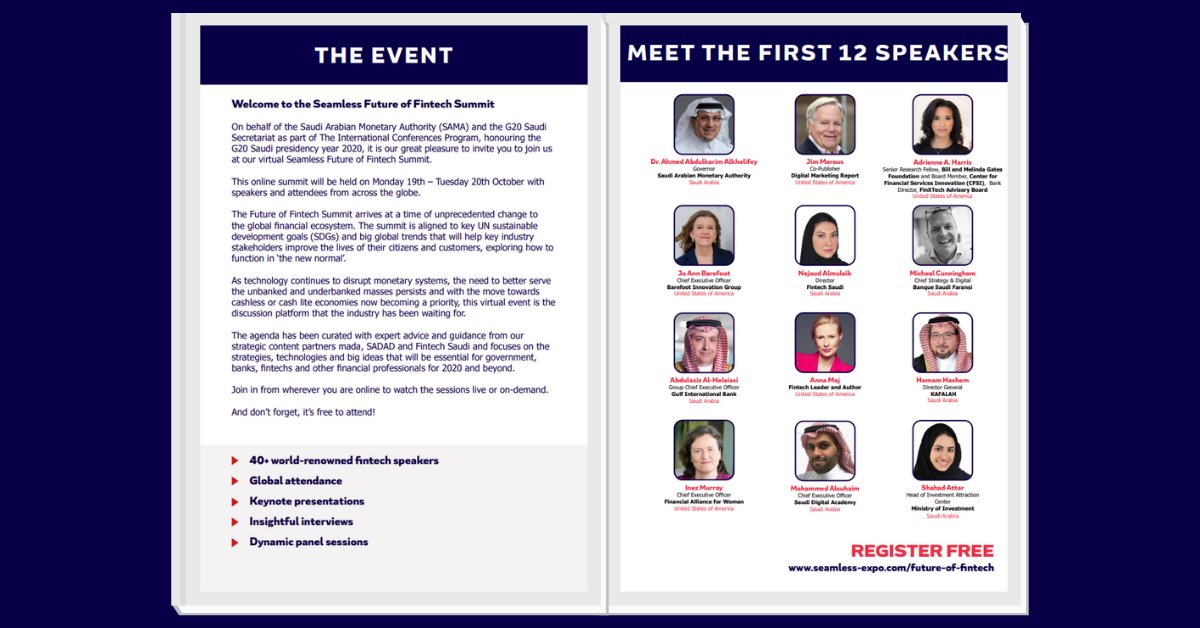 Want to find out more about Seamless Future of Fintech? Our brand-new one-off event this October.

Download the prospectus here: bit.ly/3d3Etll

#futureoffintech #G20Internationalconferences #G20 #fintech #fintechs #fintechindustry #fintechevents
