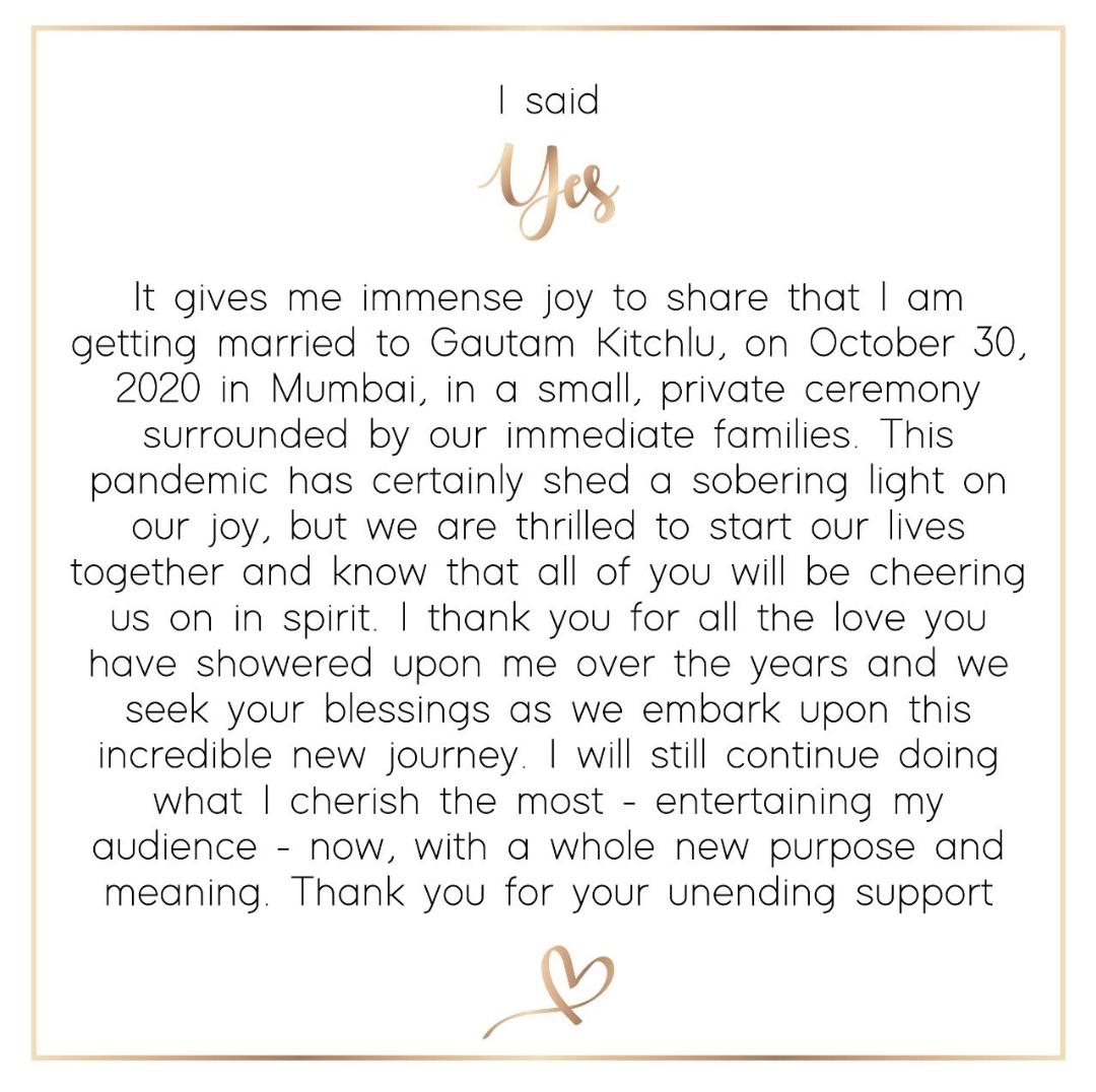 prime9news's tweet photo. #kajalagarwal confirms she’ll soon be tying the knot with Gautam Kitchlu. The two will have an intimate wedding ceremony on October 30.

#tollywood #gauthamkitchlu #filmbee #KajalGautamWeddingOnOct30 
#prime9news https://t.co/1d4lfpq8gY