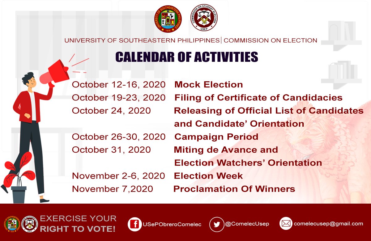ComelecUsep's tweet photo. ANNOUNCEMENT | Good day, here is the Calendar of Activities to fully guide you on the upcoming events in COMELEC.

Full details are posted on our FB Page. Stay tuned for more updates, Usepians! https://t.co/CLU13OYBni