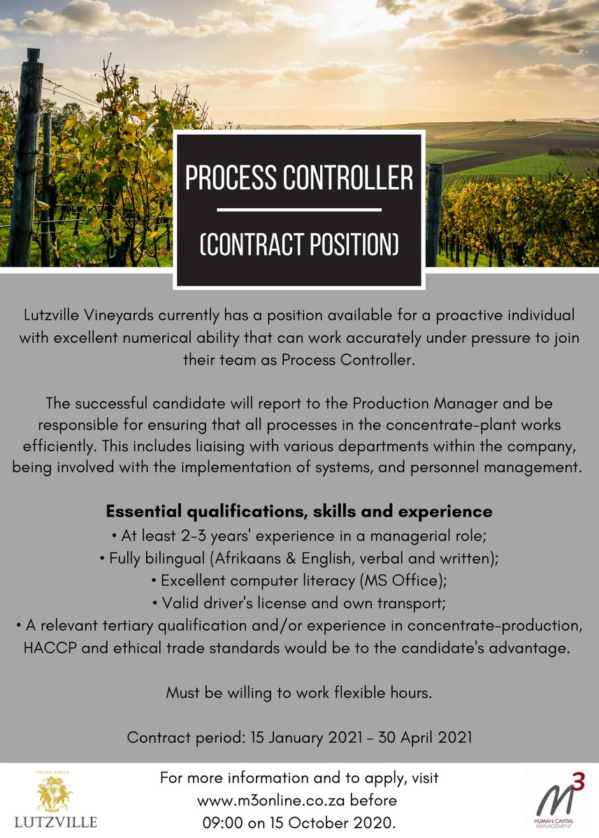 M3Capital's tweet image. VACANCY: Process Controller

Follow the link to apply online: jobs.m3online.co.za/jobDetails?obj…

#processcontroller #jobsinwine #wineindustry #wineindustryjobs #career #applynow #lutzvillevineyards #westerncape