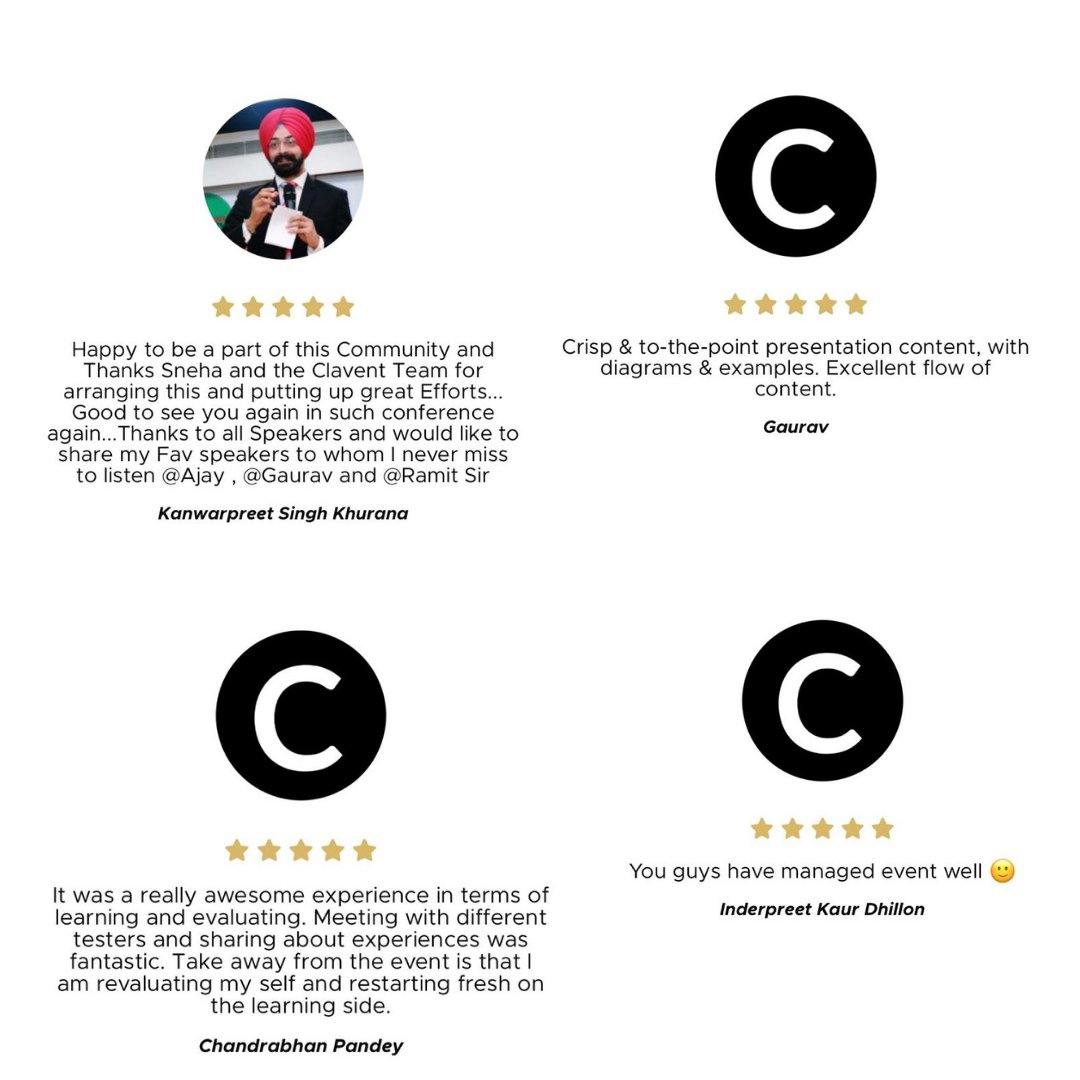 ClaventEvents's tweet photo. #Testcon2020 Virtual #Feedbacks
Thanks to all the speakers & audience for helping in making this event a hit & sharing your experience with us. We're taking every feedback, appreciation & suggestion optimistically.
It’s worth the efforts… #happyspeakers #happyaudience #happywe https://t.co/iDyGQBV1jT