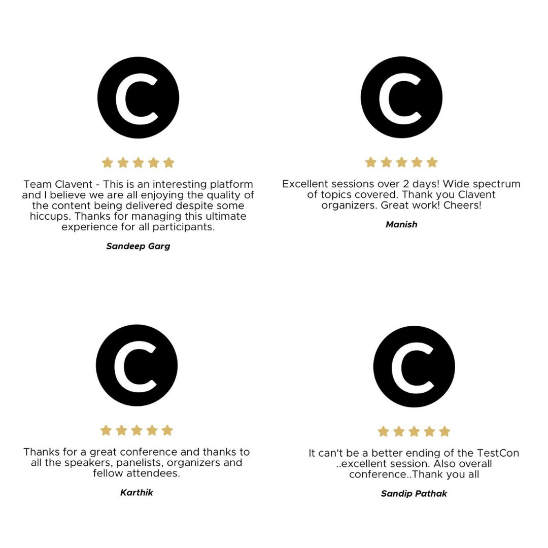 ClaventEvents's tweet photo. #Testcon2020 Virtual #Feedbacks
Thanks to all the speakers & audience for helping in making this event a hit & sharing your experience with us. We're taking every feedback, appreciation & suggestion optimistically.
It’s worth the efforts… #happyspeakers #happyaudience #happywe https://t.co/iDyGQBV1jT