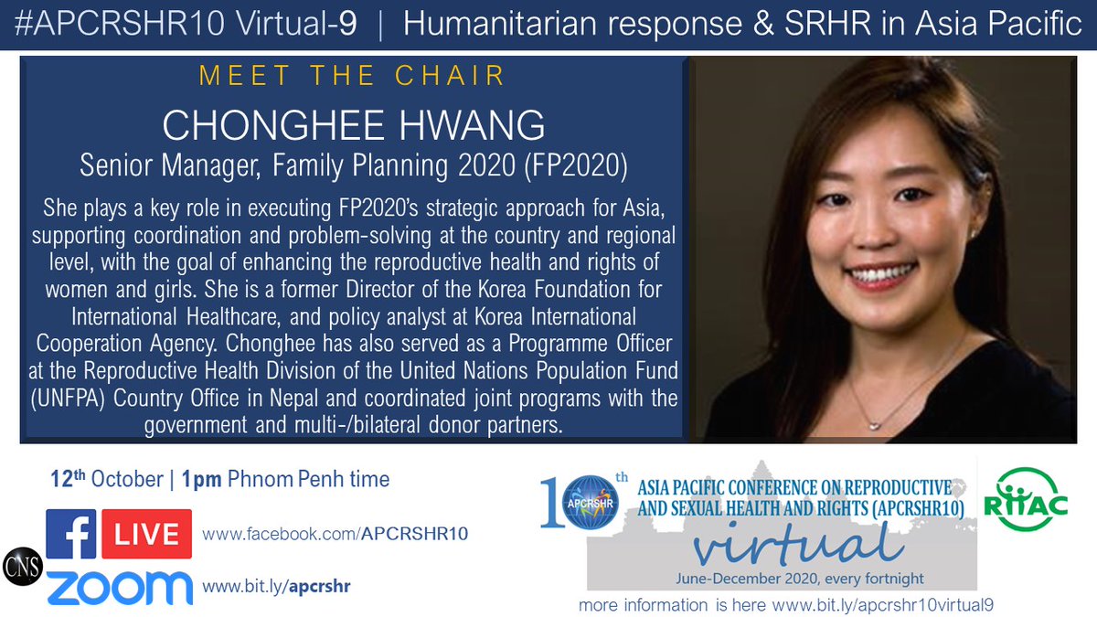 Meet the panelist & Chairperson of 9th #APCRSHR10 Virtual on 'Humanitarian response & #SRHR in Asia Pacific' (12 Oct) Chonghee Hwang @ChongheeH, Senior Manager @FP2020Global

Register
us02web.zoom.us/meeting/regist…

Details bit.ly/apcrshr10virtu…

#genderequality #humanrights #gender