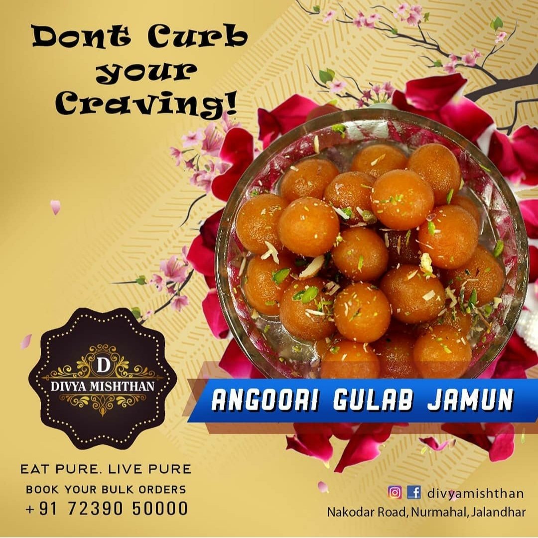 DivyaMishthan's tweet photo. #ANGOORI_GULAB_JAMUN
Don't Curb your Craving! 
Enjoy Delicious traditional north Indian sweets 👉 DIVYA_MISHTHAN (Eat pure. live pure) 
Nakodar Road, Nurmahal, Jalandhar.
📞 +91 72390 50000

#angoorigulabjamun #gulabjamun #tasty  #punjabisweet #rajasthani #sweetsforlife https://t.co/Ltq1bNpijo