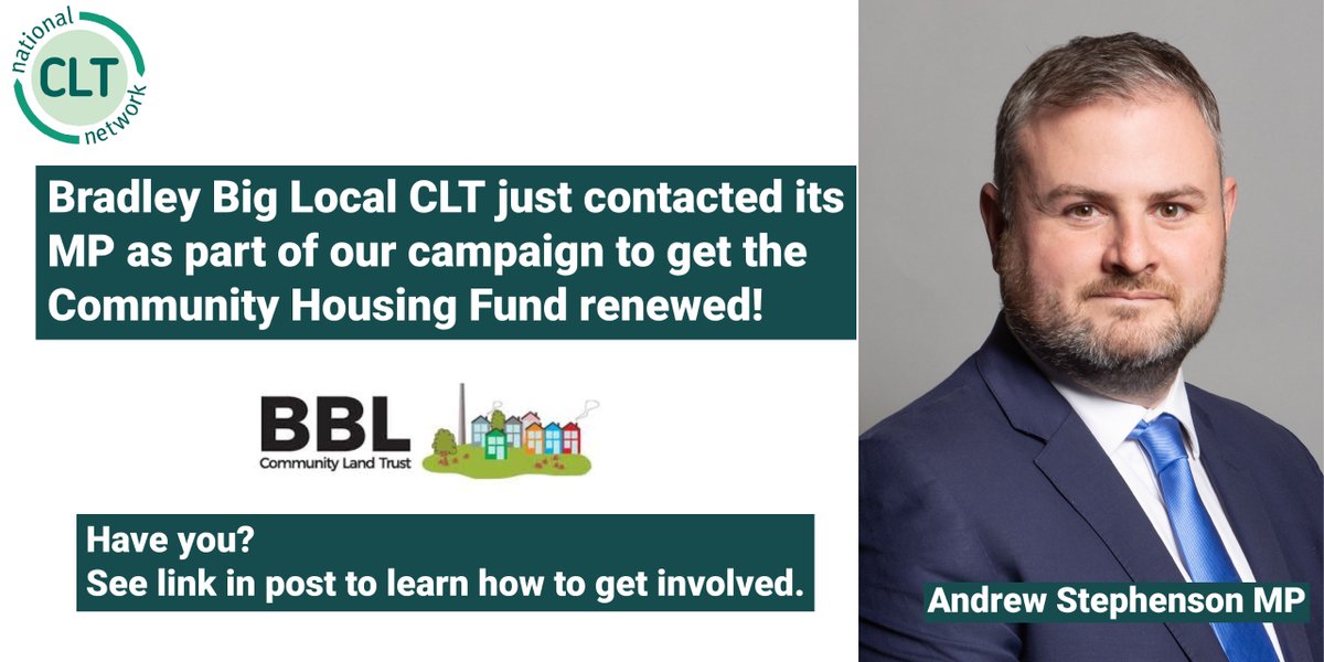 Bradley Big Local CLT (<a href="/BradleyBigLocal/">Bradley Big Local</a>) contacted its MP <a href="/Andrew4Pendle/">Rt Hon Andrew Stephenson CBE</a> asking him to write to the Chancellor about the value for money of investing in #communityledhousing through a renewed CHF.

Send a letter to your MP today! All info + templates here> communitylandtrusts.org.uk/what-we-do/our…